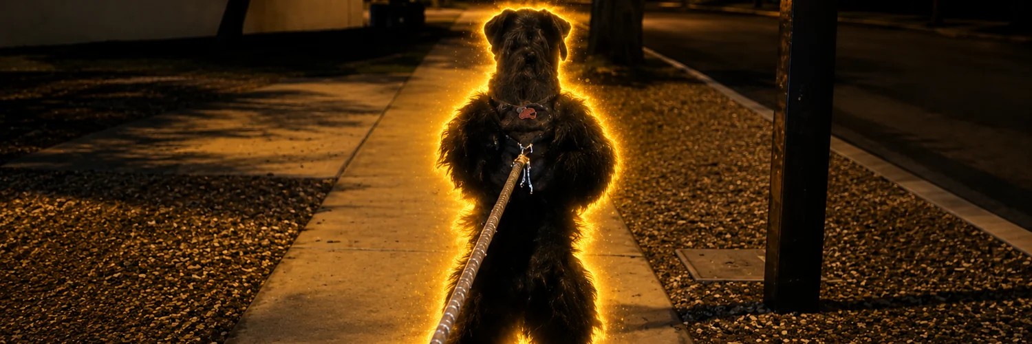A large black dog standing upright on a suburban sidewalk at night, rimmed in streetlight, leash trailing off toward someone out of frame.