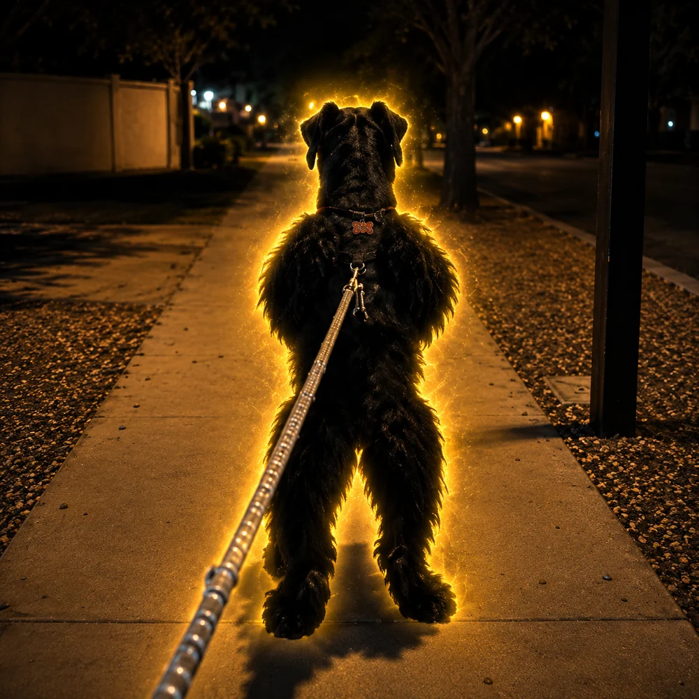 Fiona standing fully upright on the sidewalk, facing away, backlit by a streetlight.